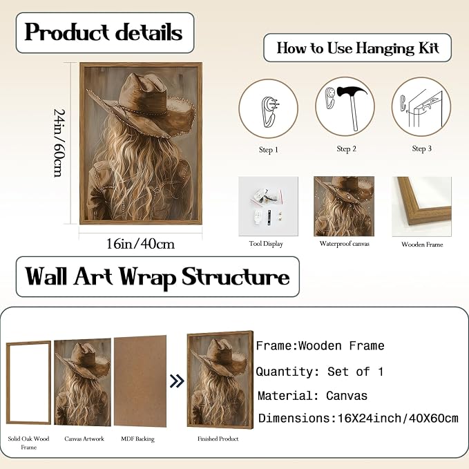 Vintage Western Cowgirl Wall Art, Country Girl Cowboy Wall Decor Painting, Girly Southwestern Poster Canvas Prints for Living Room Bedroom Farmhouse 16x24 inch Wood Framed