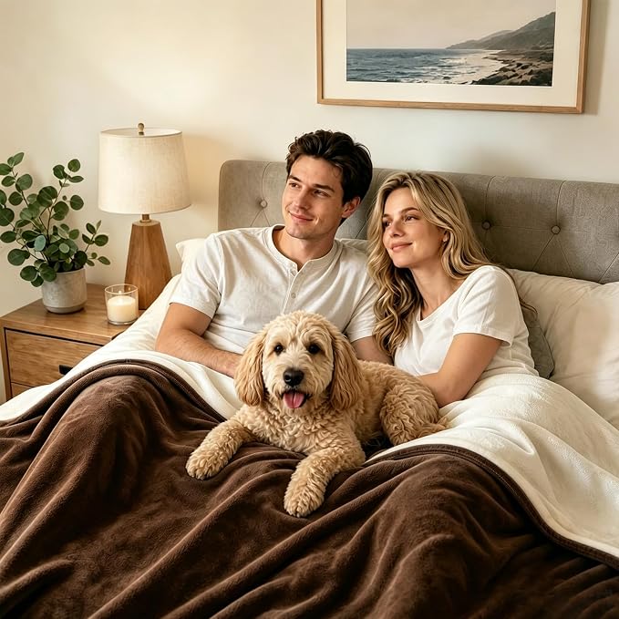 LOOBANI Waterproof Blanket for Bed Intimacy King Size 85"x108", Coffee | Double-Side Leak-proof Cozy Flannel, Reversible, Stain-Proof Cover for Rest Movie Time, Furniture Protection, Large Dogs,