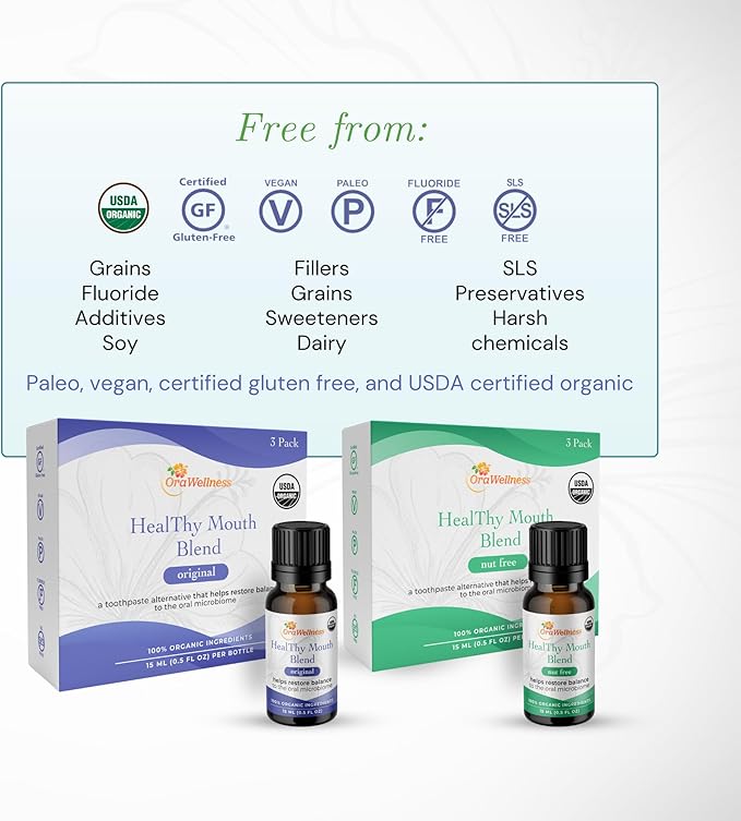 OraWellness Nut Free Healthy Mouth Blend Organic Tooth Oil, Made in The USA Fluoride Free Toothpaste & Mouthwash Alternative, Natural Rinse for Healthy Teeth & Gums for Women, Men and Kids, Pack of 3