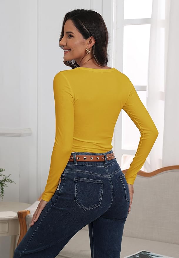 Roselux Womens Long Sleeve Scoop Neck Ribbed Knit Fitted Casual Tops Tee Slim Basic Shirts