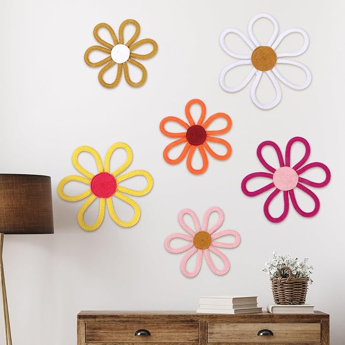 Barydat 6 Pcs Boho Nursery Decor Daisy Flower Woven Macrame Wall Hanging 3 Size Daisy Flower Wall Decor Bohemian Nursery Decorations for Home Dorm Art(Fresh Color)