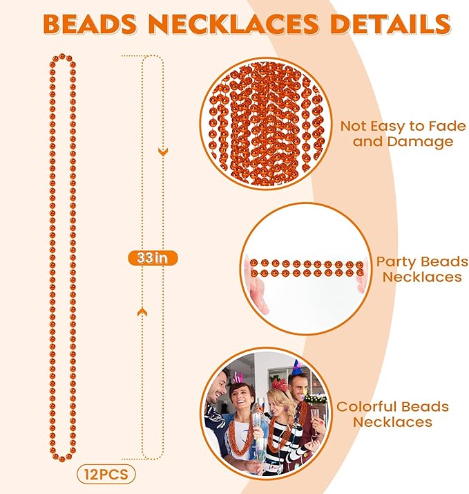 SHAOQINLIN 12 PCS Orange Bead Necklaces, Orange Mardi Gras Beads, Halloween Necklaces, 33 Inch Party Beads Necklace Round Beaded Necklace for Mardi Gras, Christmas, Halloween