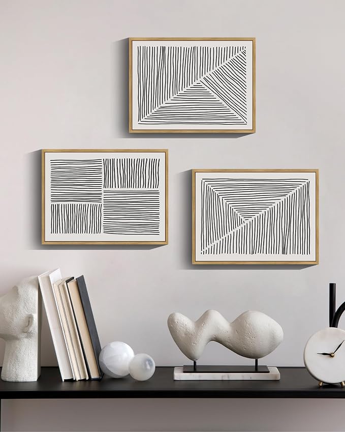 Drsoum Mid-Century Modern Framed Wall Art Minimalist Abstract Boho Black Line Wall Decor Geometric Artwork Kitchen Dining Room 11x14in Natural Framed