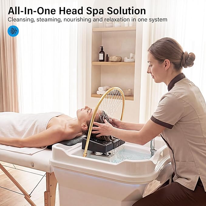 Head Spa Equipment with Thermostatic Waterfall Circulation, 60L Water Storage and 30L Wastewater Tanks, Mobile Shampoo Bowl with Fumigation & LED Therapy for Spa Bed Salon Scalp Care, White