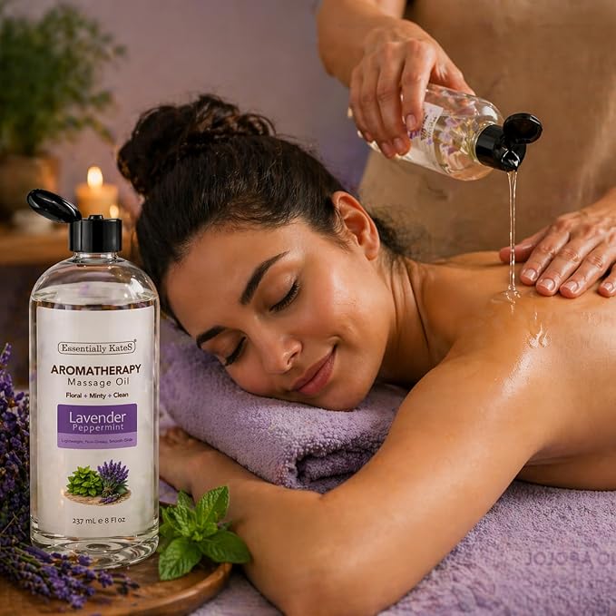 Aromatherapy Massage Oil – Lavender & Peppermint – Lightweight, Non-Greasy Body Oil with Fractionated Coconut Oil – Calming & Refreshing – 8 fl oz