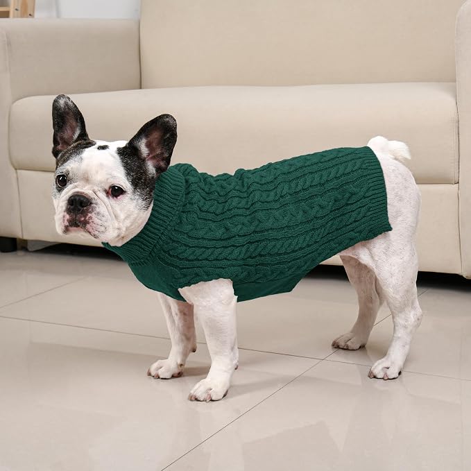 Dog Sweater 2 Pack for Medium Dogs, Green & Brown, Size L | Stretchy cable knit turtleneck, machine washable, high belly cut, comfy winter fit for French Bulldog