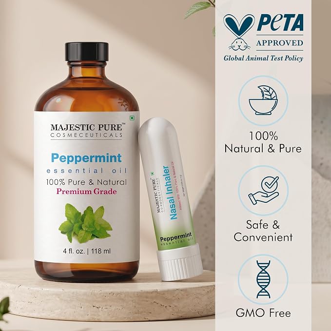 Majestic Pure Peppermint Essential Oil 4 Fl Oz | With Nasal Inhaler