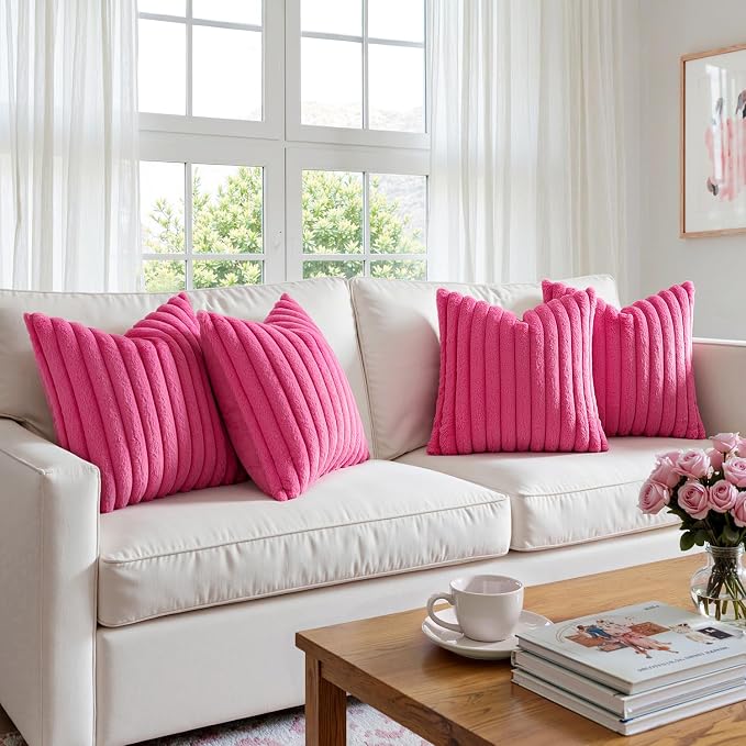 MIULEE Faux Fur Plush Decorative Throw Pillow Covers 20x20, Hot Pink | Set of 4, Striped, Soft Romantic Modern Cozy Home Decor, Cushion Cases for Sofa Couch Bed Living Room