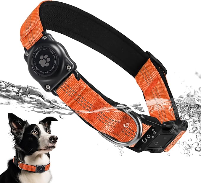 Upgrade Dog Collar with AirTag Holder, IP68 Waterproof, Orange, L | Built-in Water Resistant AirTag holder, 1000D Nylon, Reflective Stitching for Night Visibility, Soft padding for Comfort