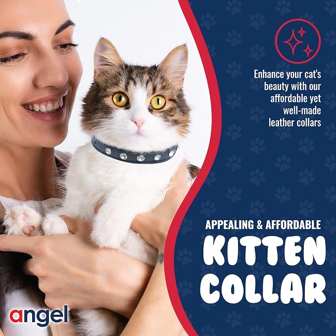 Athens Cat Collar, Leather Kitten Collar w/Rhinestones, Sturdy Breakaway Cat Collar with Bell & Elastic Stretch, Cat Accessories, Midnight Black, 10 x ½ inches - Angel Pet Supplies