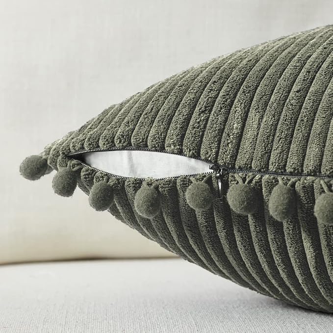 Fancy Homi Pack of 2 Olive Green Decorative Throw Pillow Covers 26x16 Inch with Pom-poms for Couch Bed Living Room, Soft Corduroy Solid Square Cushion Case 66x66 cm, Farmhouse Boho Home Décor