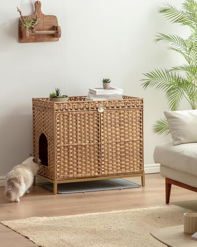 SETVSON Cat Litter Box Enclosure Furniture, Rattan PE Kitty House, Natural | Handwoven PE Rattan with 2 Soft Mats, Heightened Metal Feet, 2 S-Hooks, 30.3 x 18.3 x 28 In Spacious Interior Kitty Cabinet