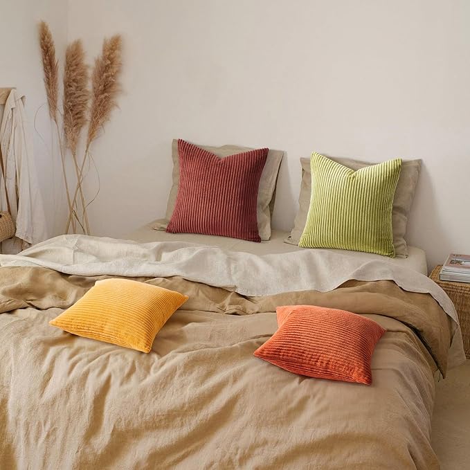 Topfinel Throw Pillow Cover 4pc Set - Multi Yellow Burnt Orange Combo - 22" x 22" Solid Cozy Corduroy Square Accent Decorative Cushion Case for Couch Sofa Chair Bed