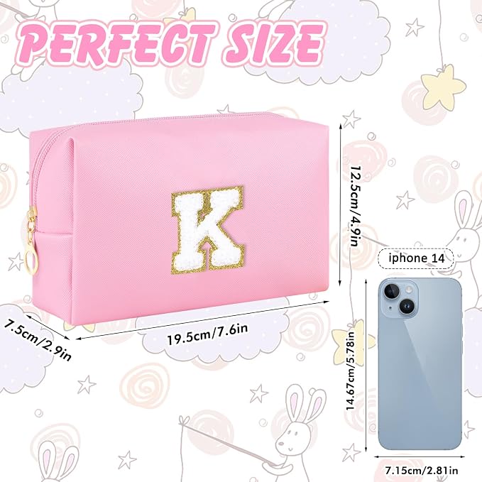 URSKYTOUS Initial Preppy Makeup Bag Travel Small Cosmetic Bag Cute Pink Personalized Preppy Makeup Pouch Zippered PU Toiletry Bag Christmas Birthday Gifts for Women Mom Teacher Friends(K)