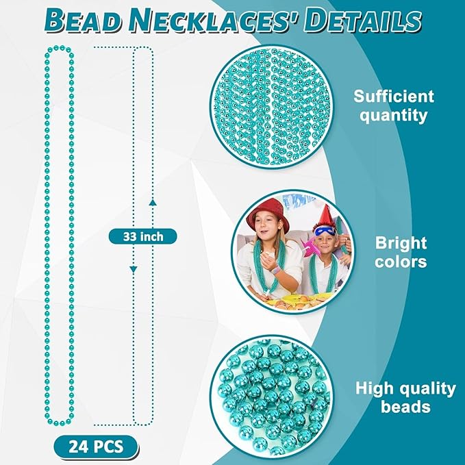 24PCS Mardi Gras Beads, Metallic Blue Bead Necklace Party Favors, 33" Mardi Gras Necklace Stuff, Festival Parade Throw Accessories for Wedding Birthday Gender Reveal Party Supplies Decor