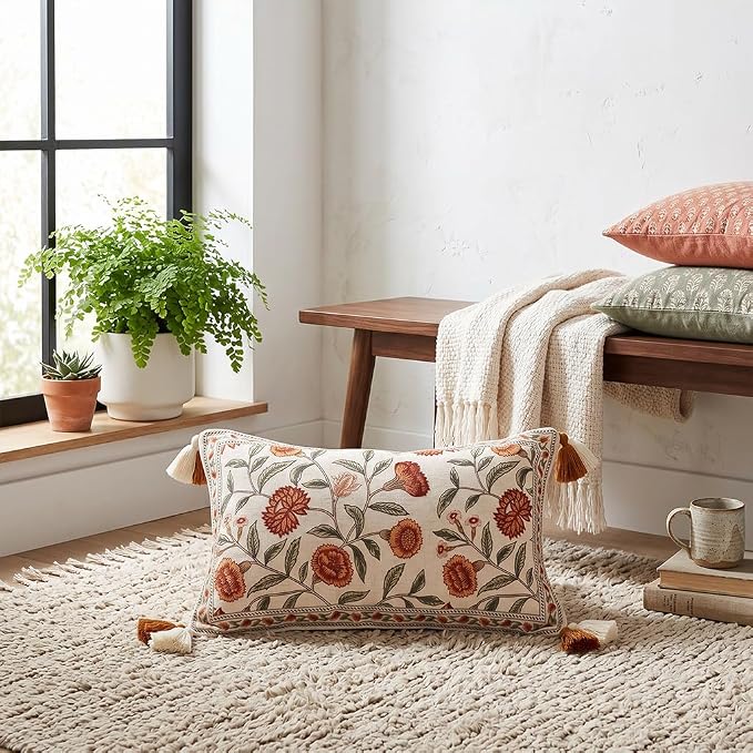 French Linen Rectangle Throw Pillow Cover,Set of 2,20"x12"-Albano A | Designer Vintage Pillow Cover,Concealed Zipper Design,Orange Floral Pattern,Sofa,Bedroom,Living Room,Lounge Chairs