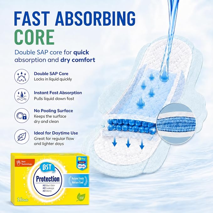 BST Mint Fresh Pads for Women, Breathable Thin Sanitary Napkins with Wings, Odor Control, Moderate Absorbency, Feminine Care, Active Lifestyle Use（Regular, 16 Count, Packaging May Vary