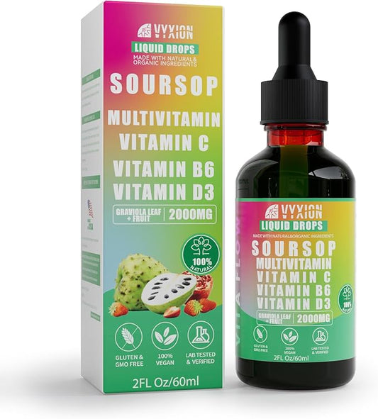 Vyxion Soursop Bitters Liquid, Soursop Multivitamin Drops - 2000mg 10:1 Extract from Fruit & Leaf, Vitamin B6, C, D3, Graviola Liquid Drops | Vegan, Non-GMO | 2 Fl Oz
