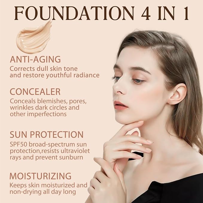 4-in-1 Foundation with SPF 50 - Color Changing, Full Coverage Liquid Makeup