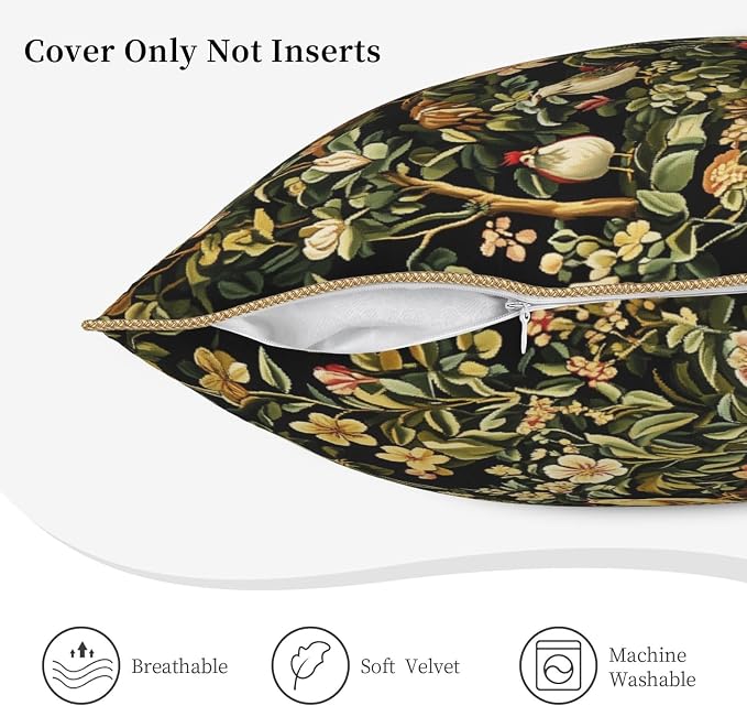 Vintage Birds Floral Velvet Pillow Cover 18x18 Inch Green Leaf Red Flowers Throw Pillows for Couch Farmhouse Cushion Covers Chicken Pillowcase Black Chinoiserie Pillow Case for Sofa Bed Outdoor Decor