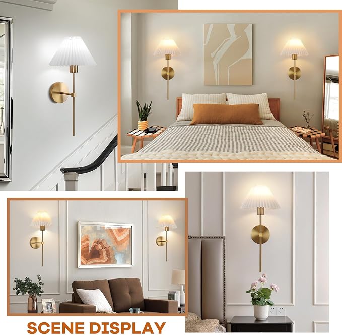 Gold Wireless Wall Sconce Sets of 2, Pleated Shades Rechargeable Battery Operated Wall Sconce, Retro Industrial Wall Lights Bathroom Vanity Sconces, Wall Mounted Lamps for Bedroom Living Room Hallway
