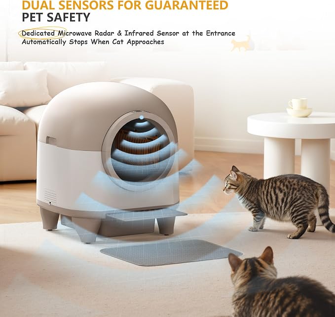 WARCAT Self-Cleaning Litter Box – 90L, APP, Sensors, Brown | 90L large capacity for multiple cats. APP-controlled with smart sensors. Safety protection. Includes mat & 1 garbage bag.