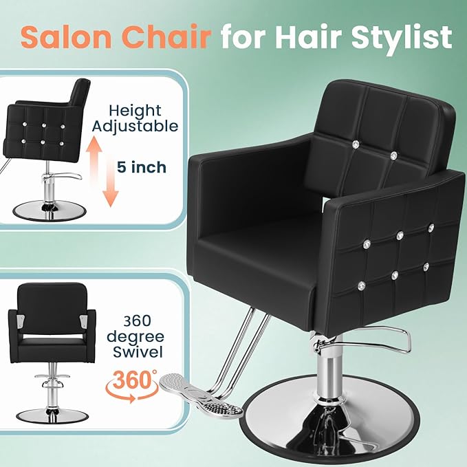 Salon Chair for Hair Stylist, Barber Hair Salon Styling Chair, Stylist Chairs with Hydraulic Pump, 360 Degrees Swivel, High-Density Foam & PU Leather for Beauty Braiding Chairs, Black