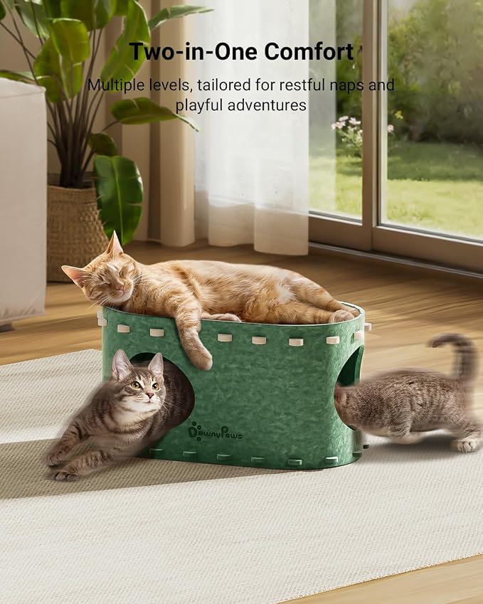 DownyPaws Cat House for Indoor Cats, Cube Castle Cat Bed Cave, Forest | Cat Hideaway Enclosed Bed,Cave Hideout Fort,Kitten Peekaboo Hut for Cats,Hide Box Bed for Large Cat Up to 22 Lbs