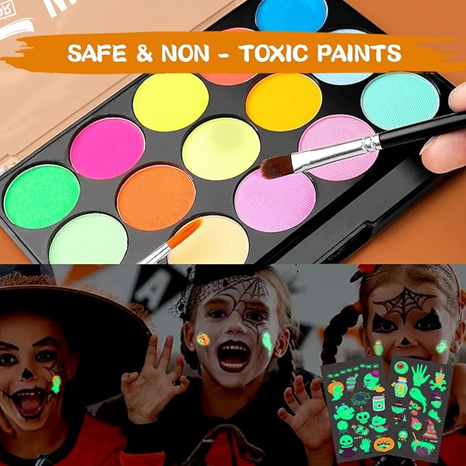 Face Paint Kit, 15 Color Face Painting Palette, with 2 Brushes 34 Stencils, 3 Reusable Stencils, 2 Stickers, Washable Face Paints for Kids Adults Halloween Party Carnival