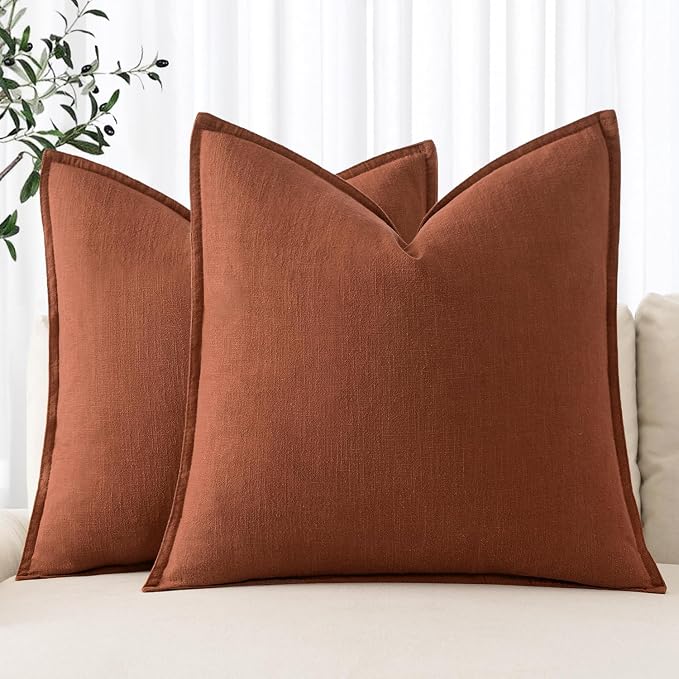 MIULEE Decorative Linen Pillow Covers 18x18 Inch Rust | Boho Farmhouse Fall Autumn Couch Throw Pillows for Bed, Pack of 2 Accent Modern Pillowcases, Sofa Livingroom Home Decor