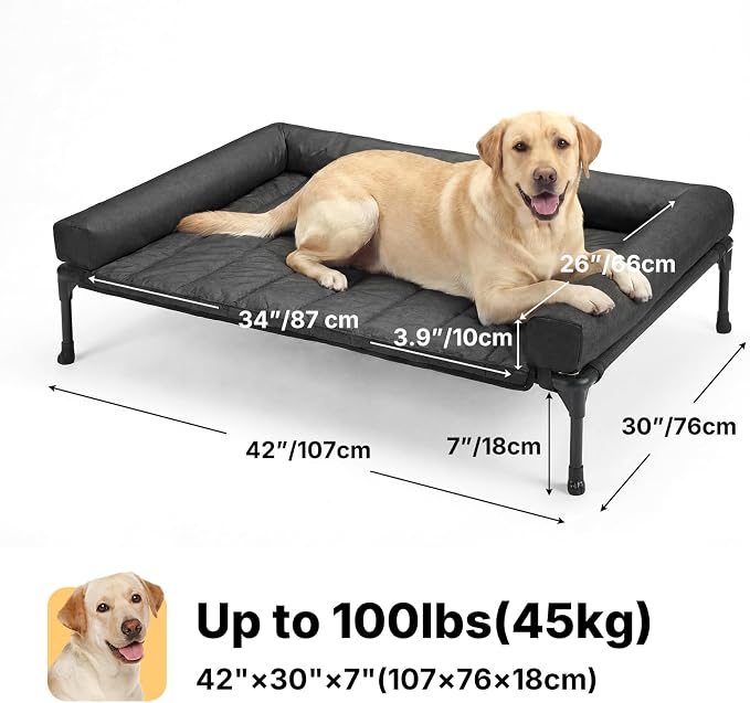Veehoo Outdoor Elevated Dog Bed with Waterproof Bolster Cushion, Cooling | Raised Dog Bed with Removable & Washable Mat Topper, Breathable Mesh, Dog Couch Cot for Indoor Outdoor, 42", Large, Black