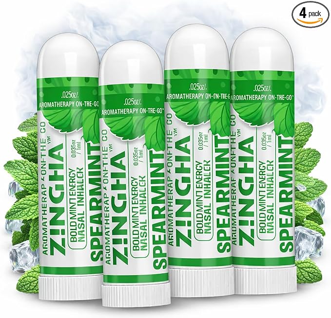 Z!NGHA Natural Aromatherapy Nasal Inhaler Stick for Sinus Relief, Focus & Stress Relief | Portable Dual-Hole Essential Oil Blend (4PK, Spearmint)