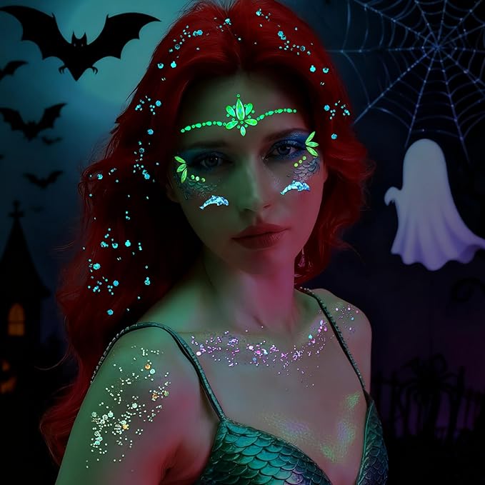 YGDZ Glow in The Dark Face Glitter, Hair Body Glitter Gel, Face Jewels Stick On for Women, Festival Carnival Outfits, Mermaid Costume for Halloween Makeup, Rave Accessories for UV Black Light Party