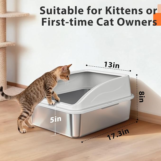 AIPERRO Stainless Steel Litter Box | Metal Kitty Litter Box with Lid | High Sided, Low Entry for Small Cats or Injured Cats | Bunny Litter Boxes | Odor-Free & Non-Stick | Includes Litter Cat Scoop