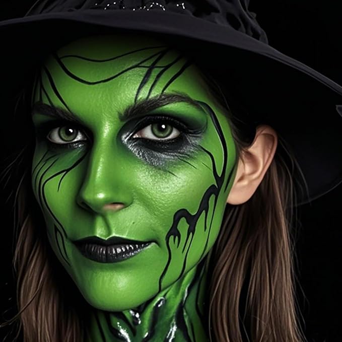 Black White Green Face Body Paint 1.01 oz/pc with 3 Sponges,Dark Green Zombie Face Painting Cosplay Kit, Elphaba Hunting Hulk Halloween SFX Witch Makeup Cream Face Paint,3 oz