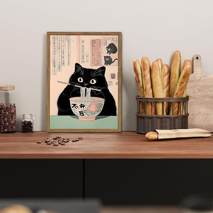 Funny Japanese kitchen Black Cat Wall Art, Whimsical Cat Eating Noodles Wall Decor Painting, Cute Animal Canvas Poster Eclectic Pet Dining Room Prints Artwork Wood Framed 16x24 inch