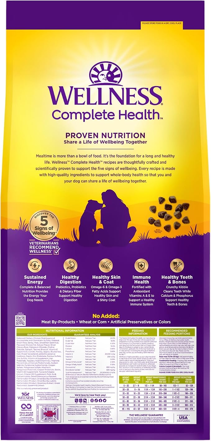 Wellness Complete Health Healthy Weight Adult Dry Dog Food, Wholesome Grain Kibble, Chicken and Peas Recipe, 26 lb Bag