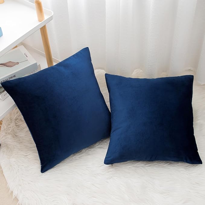 Velvet Decorative Throw Pillow Covers, Soft Square Cushion Case Home Decor for Living Room Couch Bed Sofa, Set of 2 Pack, Navy Blue, 18x18 Inch