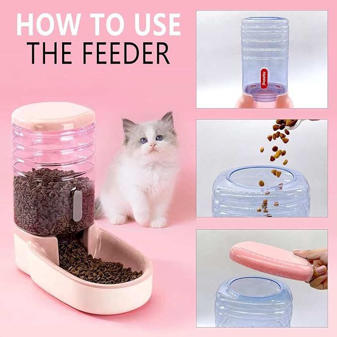 kathson Gravity Dog Food Dispenser Automatic Cat Feeding Food Station 1 Gallon Large Capacity Puppy Food Bowl for Small and Medium Dogs Cats Pink