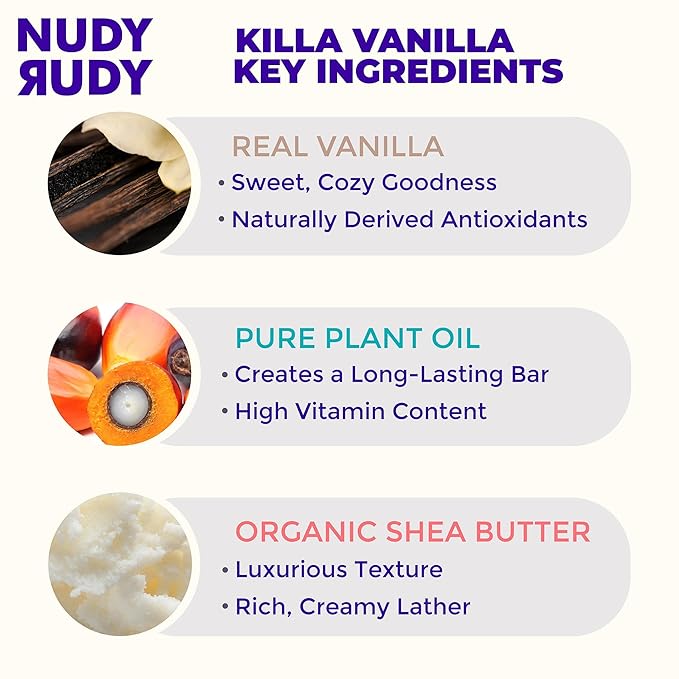 Nudy Rudy Killa Vanilla Soap Bar Puck, Made with Organic Shea Butter and Real Vanilla, Triple Milled Bar, No Harsh Ingredients, All Skin Types, 4.2 oz, Made in Australia