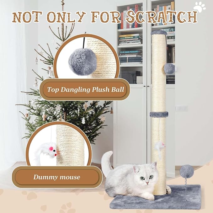 ANWA 32" Tall Sisal Cat Scratching Posts Tree for Indoor Cats Adults, Gray | Sisal Cat Scratcher, Small Space, Cat Post with Dangling Plush Toys for Indoor Cats, 15.7" Stable Base, Cat Furniture