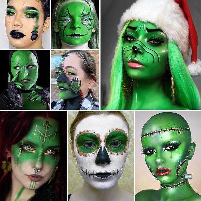 White Black Green Face Body Paint Witch Halloween Makeup Set- Oil-Based Facepaint with Brushes & Sponges for Kids Adults, Full Coverage Bodypaint for Monster Grinch Shrek Hulk Alien SFX Cosplay Party