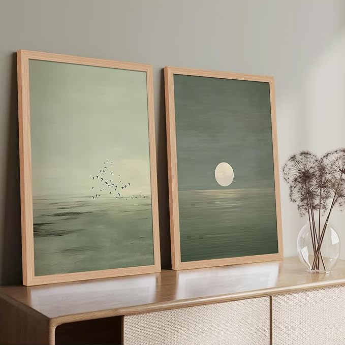 skysoon Japanese Zen Wall Art Set of 2, Sage Green Japandi Landscape Print | Japandi Scandinavian Boho Painting, Framed Picture Wall Decor for Living Room Bedroom Office 16x24 Inch