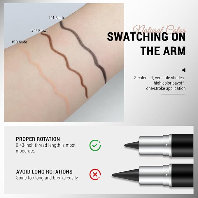 Noerrors 3pcs Black Brown Nude Beige Matte Gel Eyeliner Pencil Set, Waterproof Smudge Proof Smoky Waterline Eye Crayon for Winged Liner Goth Makeup, Cream delineador de ojos&Eyeshadow Stick for Women