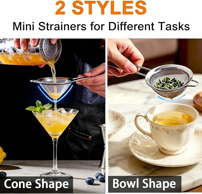 Small Fine Mesh Strainer Set, Stainless Steel Mini Sieve, Bar Strainer for Cocktail, Juice, Coffee, Tea Strainer for Loose Leaf Tea, Mini Sifter for Matcha, Flour, 4 PCS | 3.15 In Mini Strainer, for Cocktails, Loose Tea, Juice, Fits Most Cups and Mugs