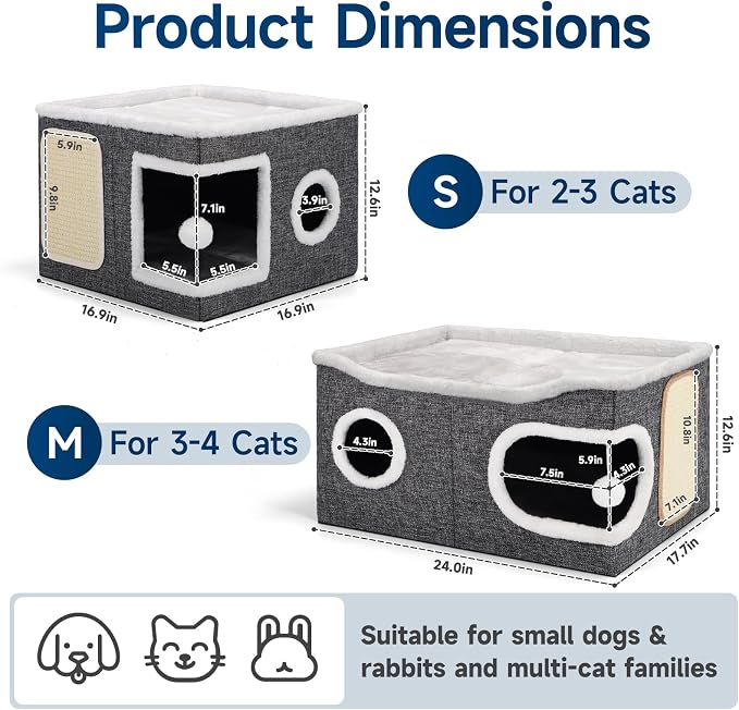 Shikha Extra Large Cat House Bed for Multi Cats with Scratch Pad Grey | 24 x 17.7 x 12.6 IN Widen Cat Cave Cube for Multi Pets, Foldable, Arc-Edge Design, Oval Door, All Seasons Reversible Cushion