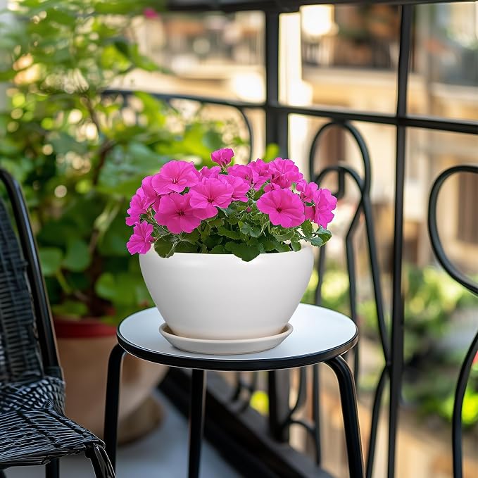 Ceramicfor Ceramic Planter - 9 Inch Plant Pot Indoor with Drainage Hole and Saucer for Outdoor Plants Mid-Century Round Planter Modern Flower Pot for House Garden White