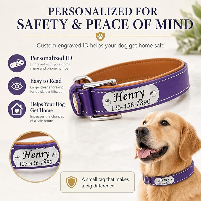 Personalized Leather Dog Collar with AirTag Holder Case, Custom Engraved Nameplate Dog Collar, Adjustable Genuine Leather Soft Padded Dog ID Collar for X-Small Small Dogs-Dark Purple-XS