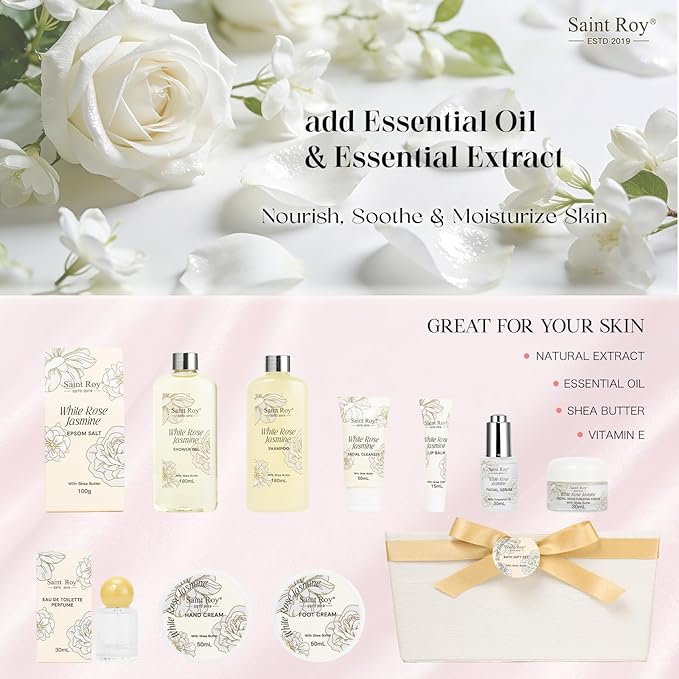 37 Pcs Bath Spa Gifts for Women, Mothers Day Gifts, WHITE ROSE JASMINE Bath & Body Gift Basket, Face Skin Care Kit, Home Spa Gift Set, Self-Care Kit, Necklace, Birthday, Christmas, Anniversary