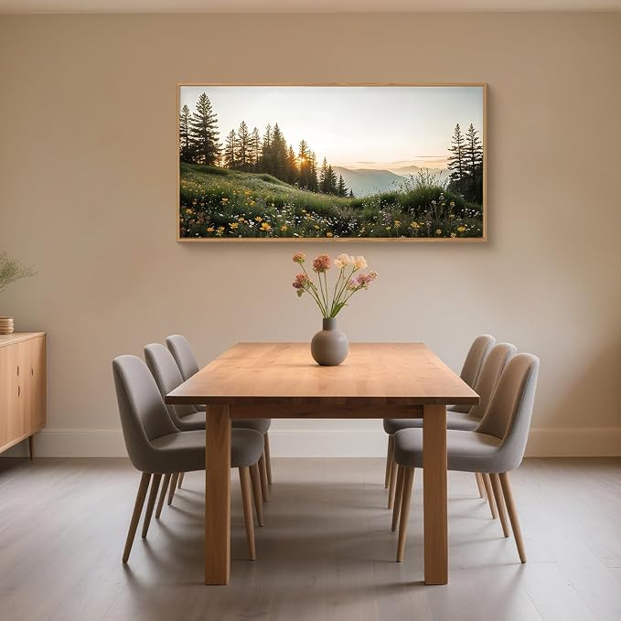 FWIEXA Green Forest Mountain Framed Canvas Wall Art Set, Wildflower Meadow Wall Decor, Floral Pictures Artwork, Nature Sunset Landscape Art Prints for Living Room, Bedroom, Office - Size 20"x40"